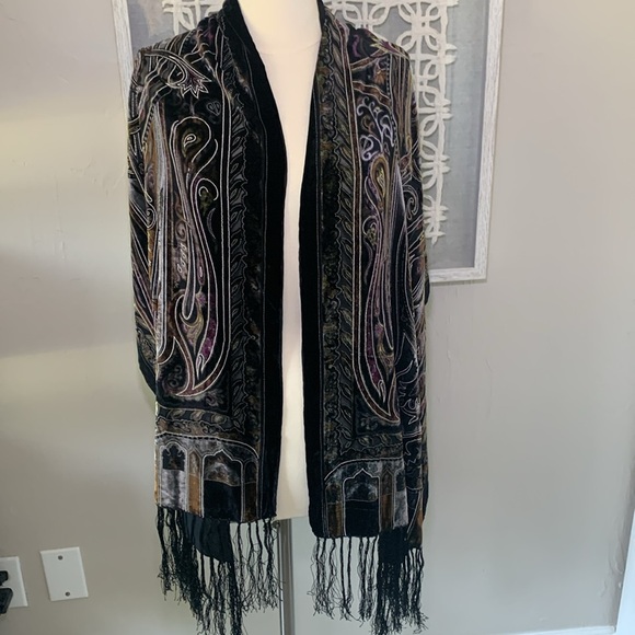 Colorful printed silk and velvet scarf with fringe - Picture 3 of 7